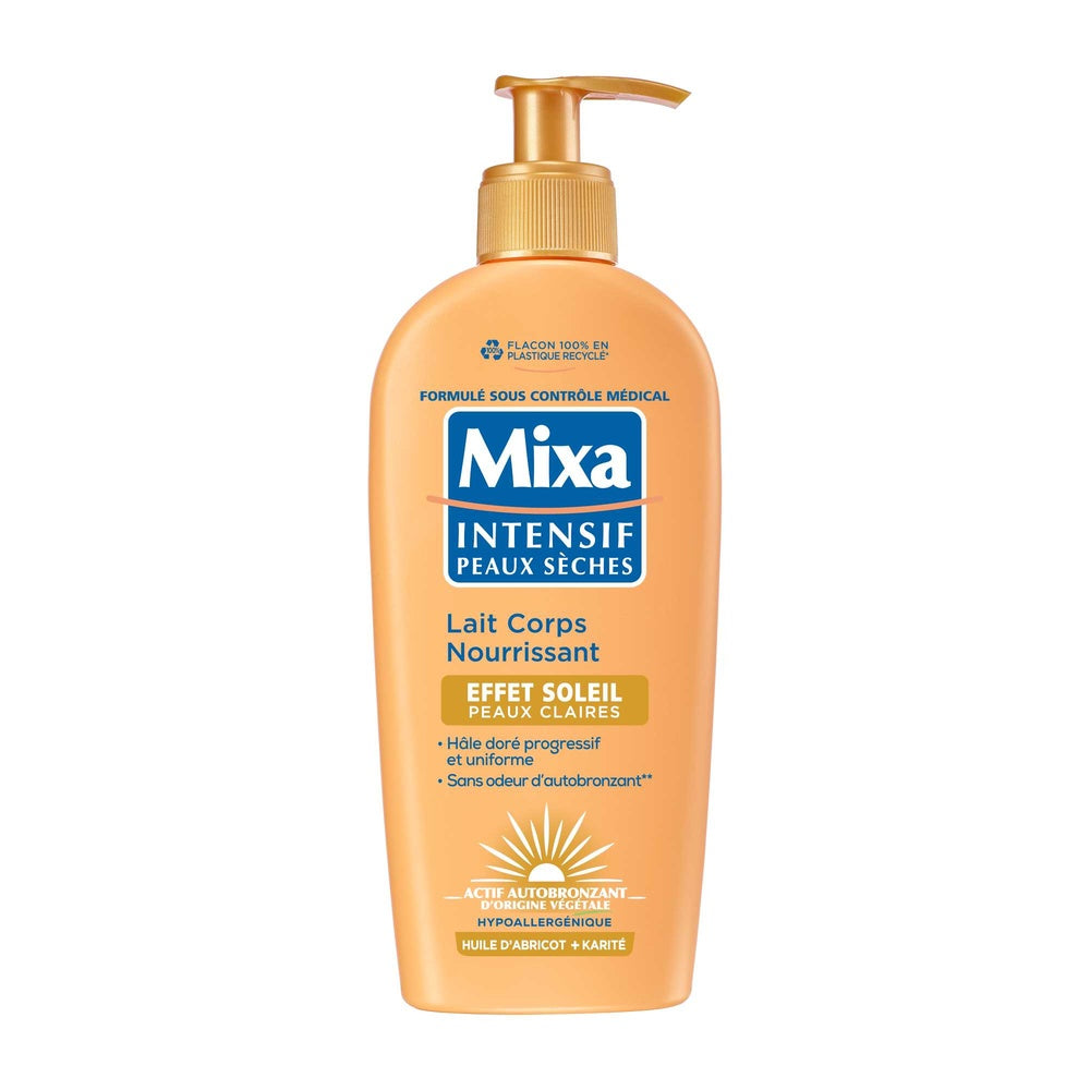 Mixa Intensif Peaux Sèches - Lait Corps Nourrissant Effet Soleil - Autobronzant - Hâle Doré Naturel Progressif et Uniforme - Peaux Claires - Hypoallergénique - 250ml