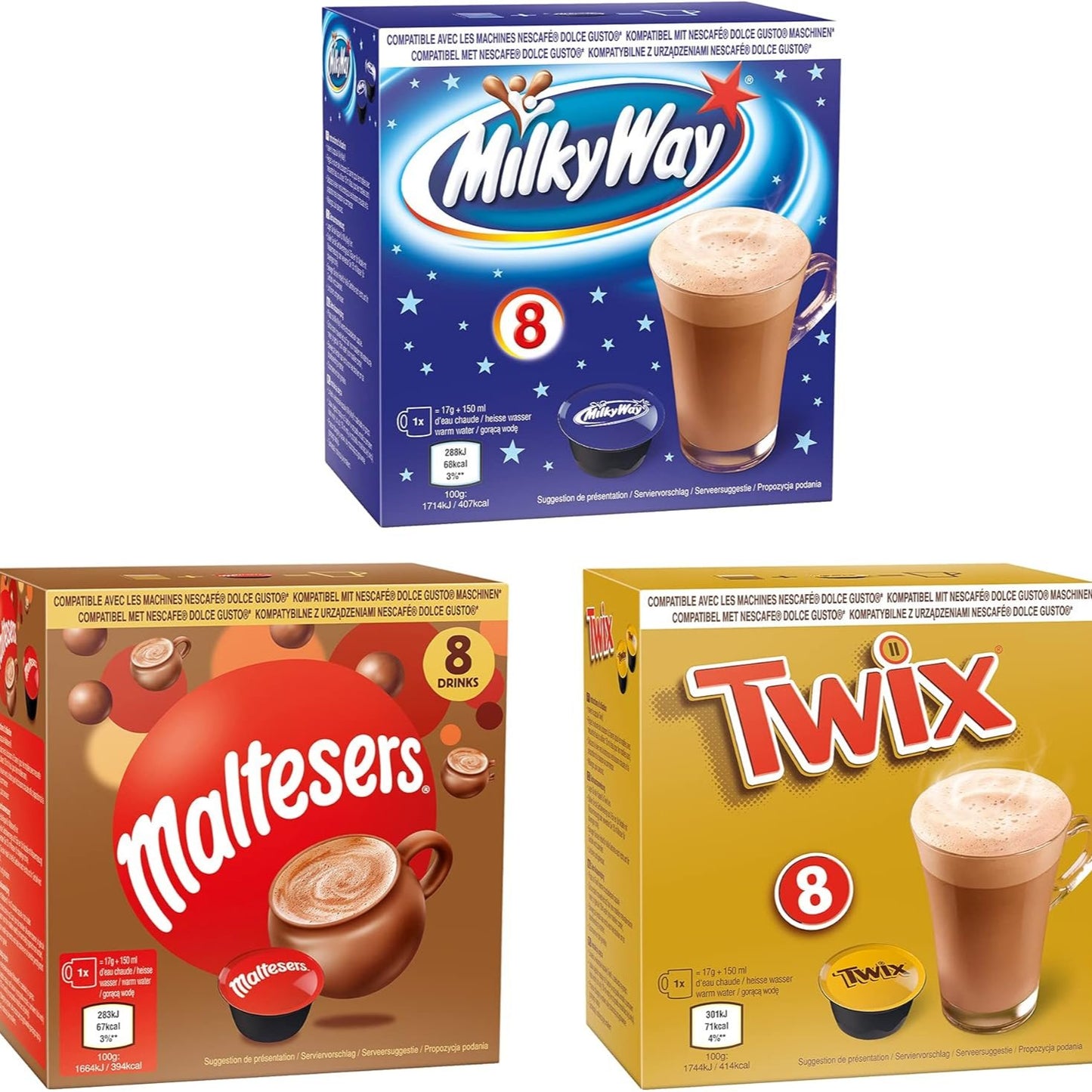 Café dosette Dolce Gusto Boissons au Chocolat - 24 Capsules - Maltesers, Twix, Milkyway