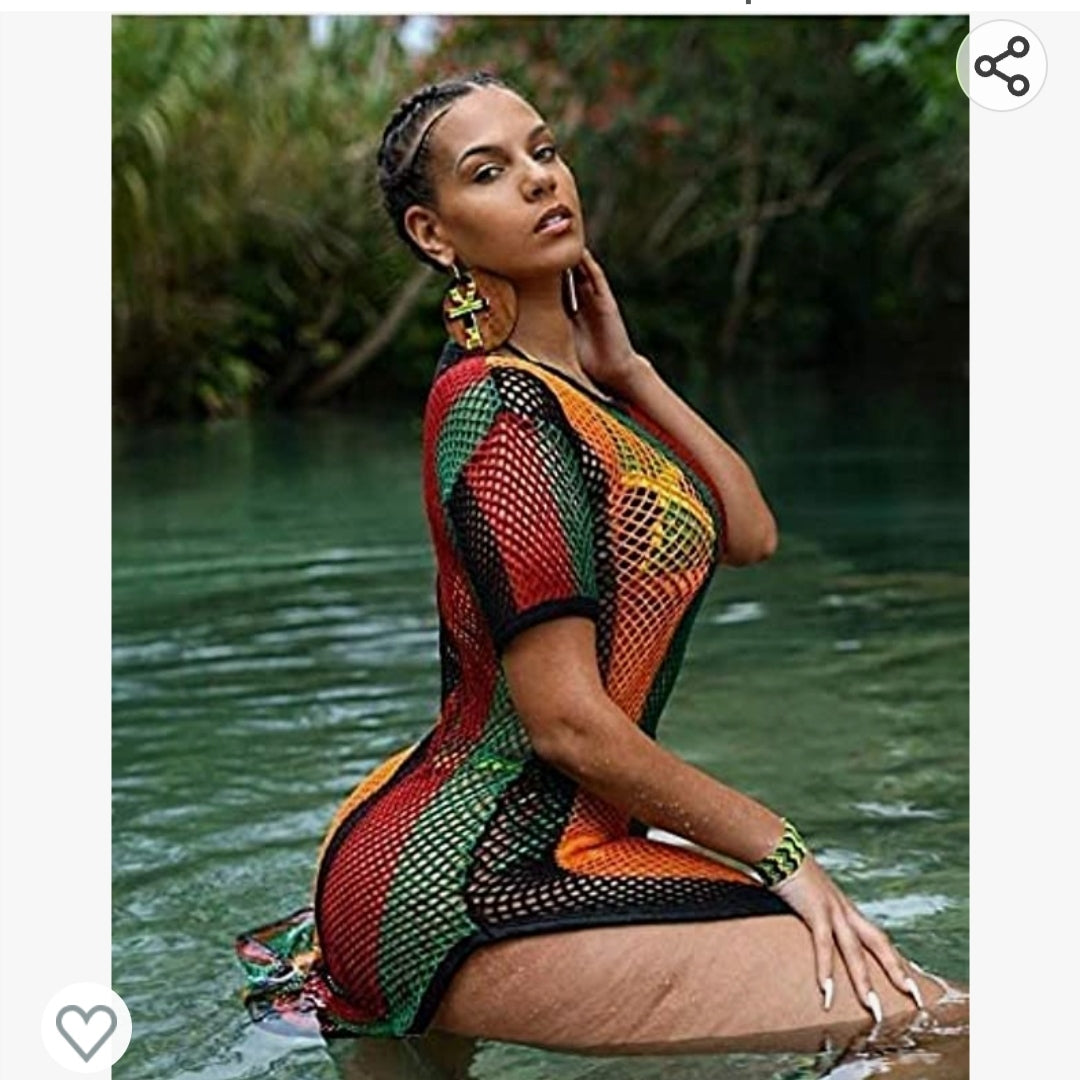 Robe midi rasta en coton au crochet multicolore avec fente latérale pour femme