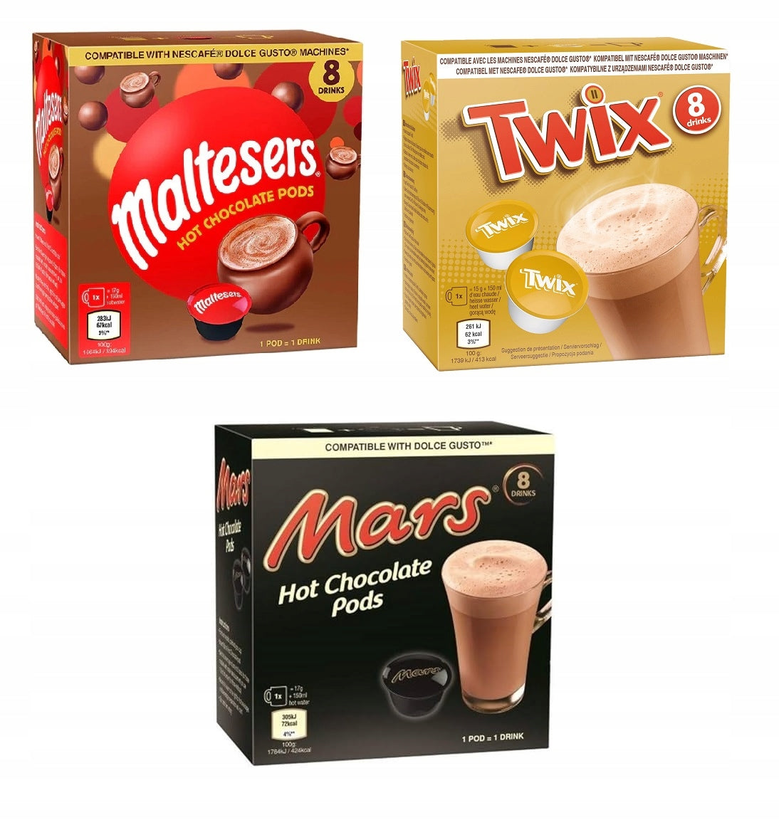 Café dosette Dolce Gusto Boissons au Chocolat - 24 Capsules - Mars, Twix, Maltesers