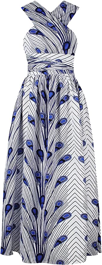 Robe Imprimée Wax Grande Taille Afrique Plume Bleue