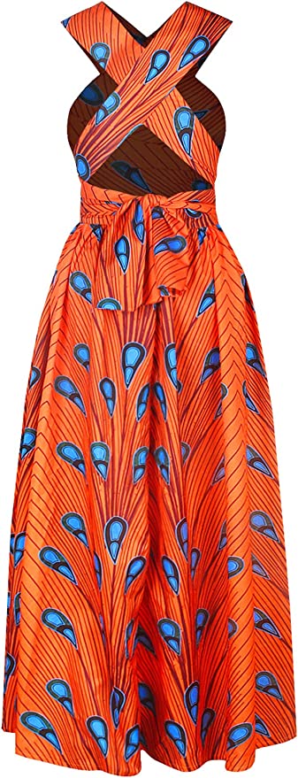 Robe Imprimée Wax Grande Taille Afrique Plume Bleue fond Orange