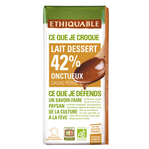 Chocolat Bio Ethiquable au lait dessert onctueux 42% de cacao Pérou
