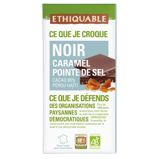 Chocolat noir Caramel Pointe de sel 65 % de Cacao Pérou/Haïti 100gr