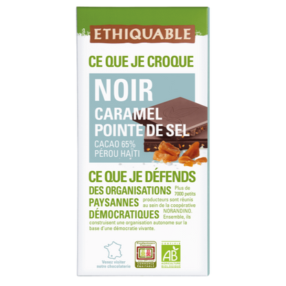 Chocolat noir Caramel Pointe de sel 65 % de Cacao Pérou/Haïti  100gr