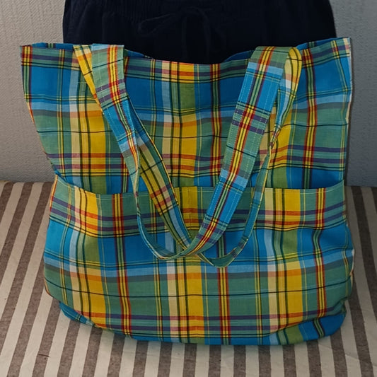 Sac cabas tissu madras bleu artisanal