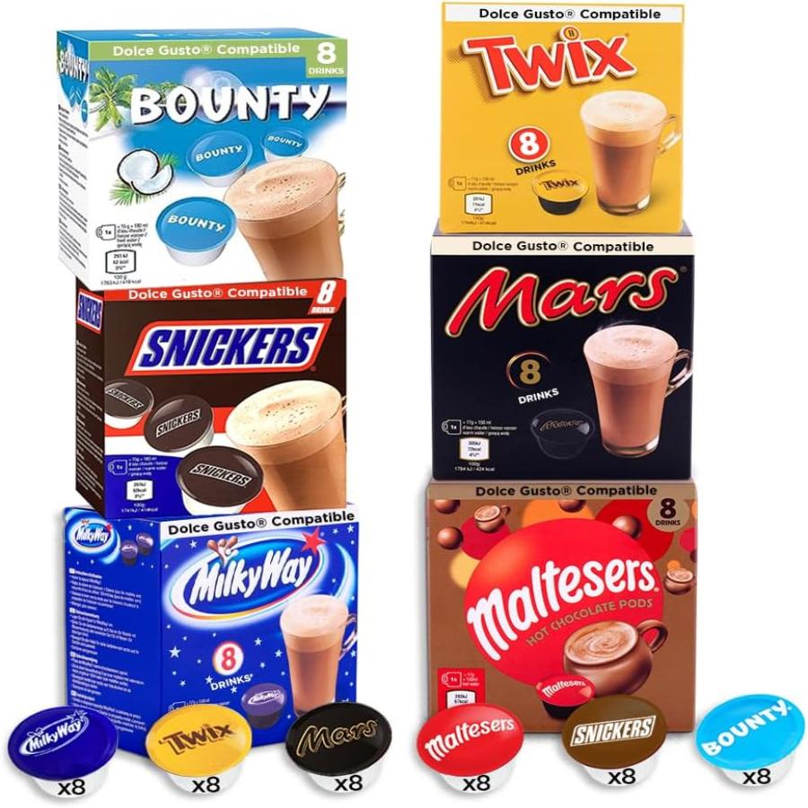 Café dosette Dolce Gusto Compatible - 48 Capsules - Mars, Twix, Milkyway, Snickers, Bounty & Malteser