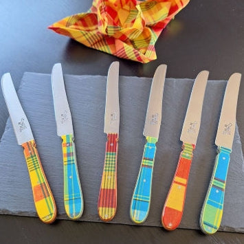 Couteau CHIEN® MANCHE TISSU RESINE MICARTA X 6 dans boite blanche imprimée