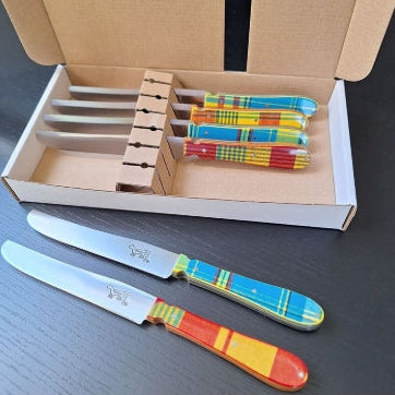 Couteau CHIEN® MANCHE TISSU RESINE MICARTA X 6 dans boite blanche imprimée