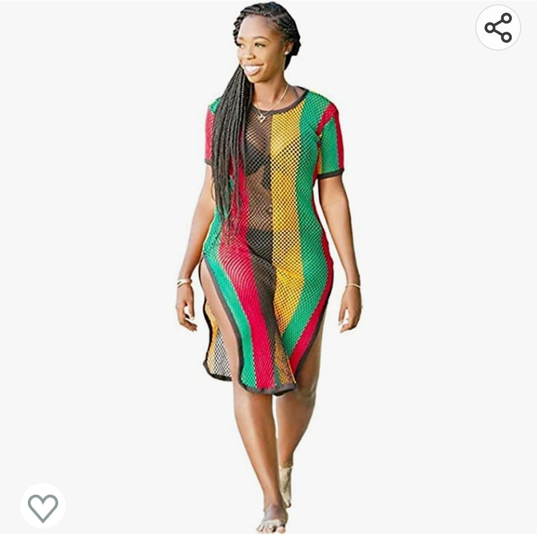 Robe midi rasta en coton au crochet multicolore avec fente latérale pour femme