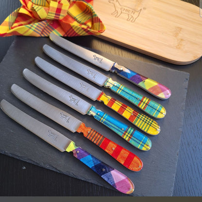 Couteau CHIEN® MANCHE RESINE VERITABLE TISSU X 6 dans boite blanche imprimée