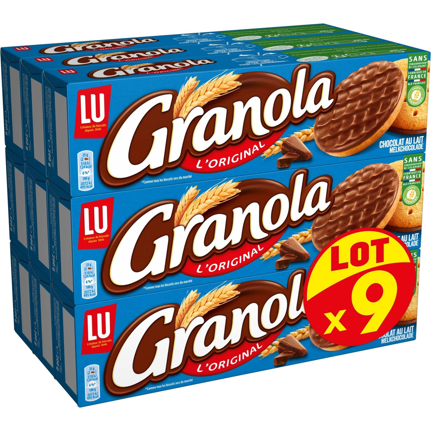 Granola - Biscuits au Chocolat au Lait - Idéal pour le Goûter - Lot de 9 Boîtes de 200 g