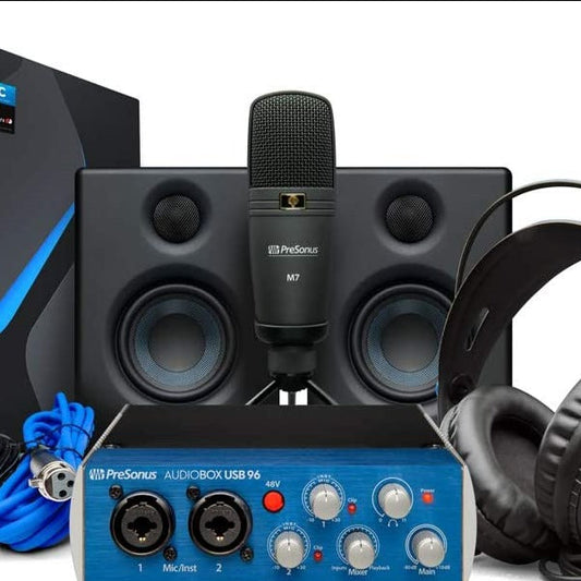 PACK STUDIO PreSonus AudioBox Studio Ultimate Bundle, Interface Audio, Microphone, Écouteurs, Moniteurs et Logicels (bleu)