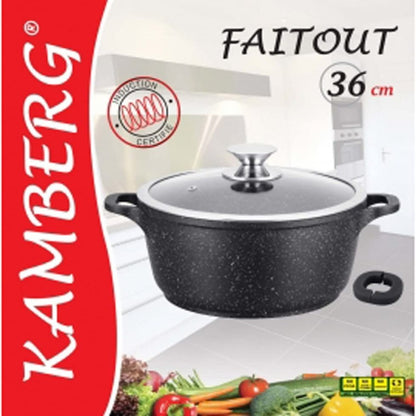 Cocotte Faitout 36 cm - Fonte d'Aluminium - Revêtement type pierre - Couvercle en verre - Tous feux dont induction - Sans PFOA