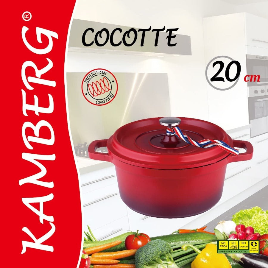 Cocotte Faitout Ø 20 cm Ronde Rouge Flammée - Fonte d'aluminium - Revêtement pierre - Tous feux dont induction - Sans PFOA