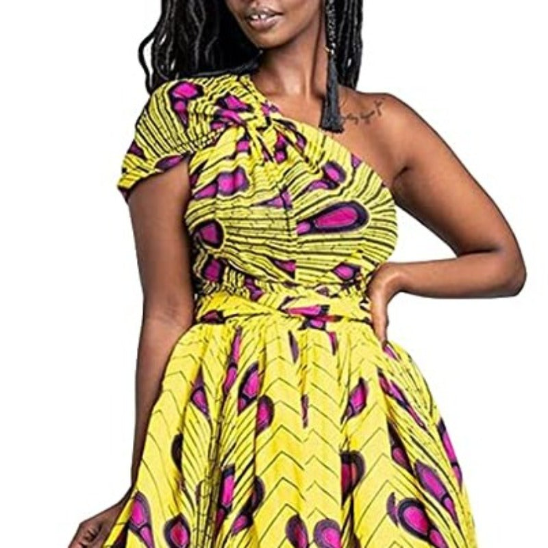 Robe Imprimée Wax Grande Taille Afrique Plume Violette fond Bleue