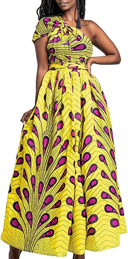 Robe Imprimée Wax Grande Taille Afrique Plume Violette fond Bleue
