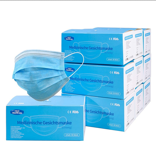 Masque Facial Médical 3 Couches - Masque Chirurgical Jetable - Protection Respiratoire Triple Couche – Lot de 50 Masques bleus