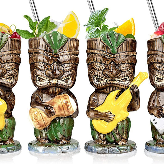 Lot de 4 verres Tiki Hawaïens pour cocktails - 370 ml - En céramique - Pour fête tropicale - Décoration de bar - Style vintage