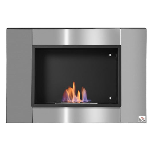 HOMCOM Cheminée bioéthanol Murale Encastrable, brûleur 0,7 L, contrôle de Flamme et Manche Inclus, dims 72 x 11P x 72H cm Acier INOX et Noir