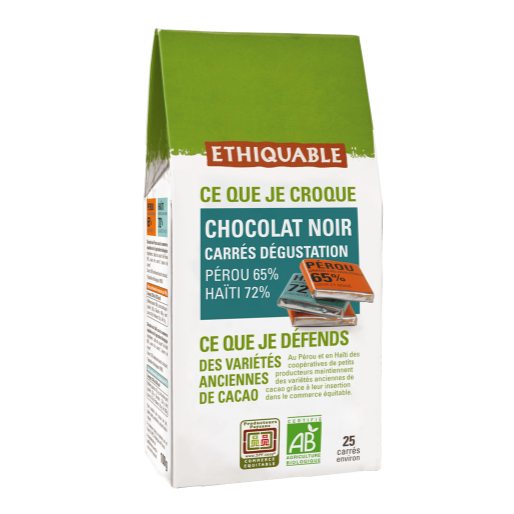 Chocolat Noir bio Ethiquable carré dégustation Pérou 65% et Haïti 72%