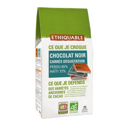 Chocolat Noir bio Ethiquable carré dégustation Pérou 65% et Haïti 72%