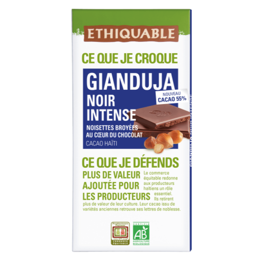 Chocolat noir gianduja intense Cacao d'Haïti 55% Noisettes broyées au coeur du chocolat  100gr