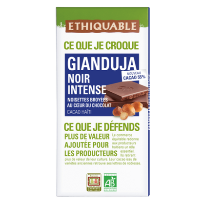 Chocolat noir gianduja intense Cacao d'Haïti 55% Noisettes broyées au coeur du chocolat  100gr
