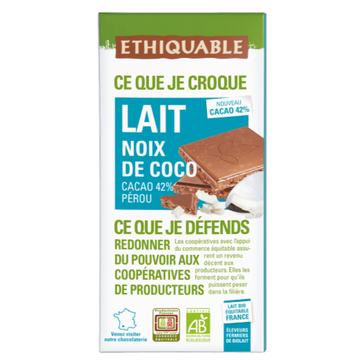 Chocolat Bio Ethiquable au lait Noix de coco Pérou
