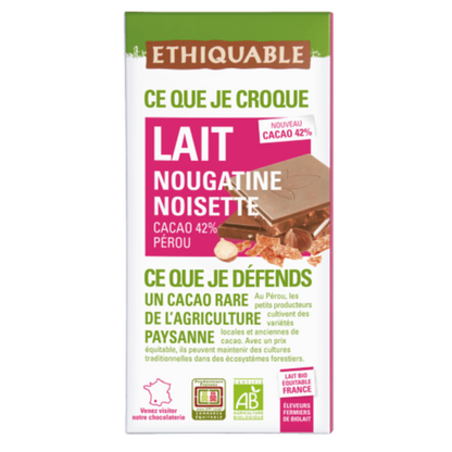 Chocolat Bio Ethiquable au lait Nougatine Noisette Pérou 