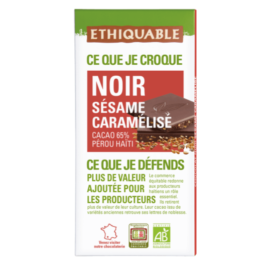 Chocolat Noir bio Ethiquable Sésame Caramélisé 65% Haïti