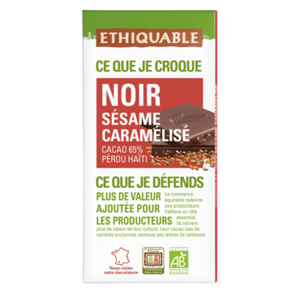 Chocolat Noir bio Ethiquable Sésame Caramélisé 65% Haïti
