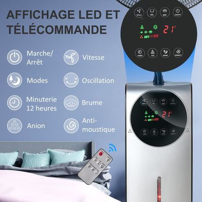 Ventilateur brumisateur sur roulettes - oscillant silencieux 90 W avec télécommande - minuterie 3 modes 3